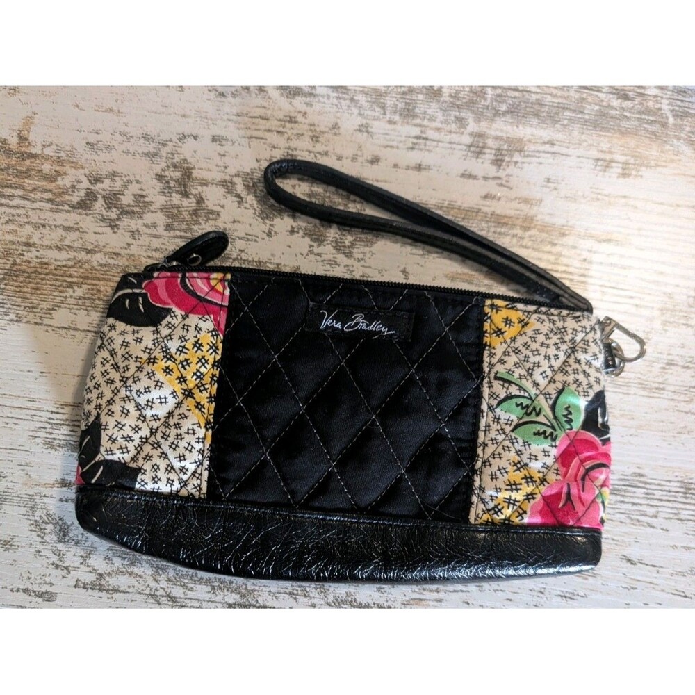 Vera Bradley Wristlet Wallet Quilted Black Floral Patent Trim All In One